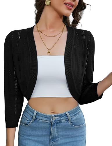 KOJOOIN Damen Bolero 3/4 Ärmel Festliche Bolerojacke Elegant Strickjacke Kurz Cardigan Open Front Schulterjacke Sommer Shrug Oberteile Schwarz XL von KOJOOIN