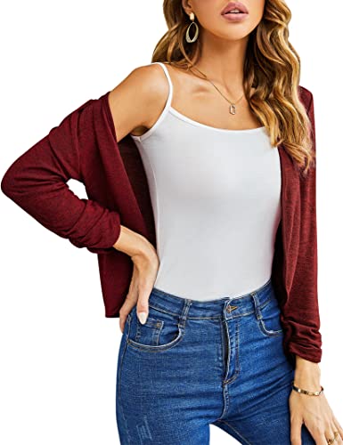 KOJOOIN Damen Bolero Casual Strickjacke Langarm Kurze Cardigan Sommer Leichter Bolerojacke Burgundy S von KOJOOIN