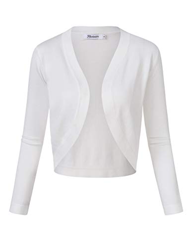 KOJOOIN Damen Bolero Kurze Strickjacke 3/4 Ärmel Cardigan V Ausschnitt Bolerojacke Schulterjacke Casual Top Weiß M von KOJOOIN