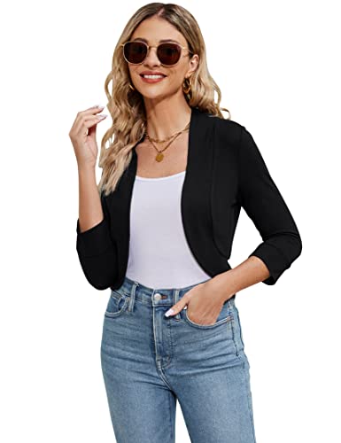 KOJOOIN Damen Bolero ELeganter Festlich Langarm 3/4 Ärmel Strickjacke Shrug Top (Verpackung MEHRWEG) Schwarz,M von KOJOOIN