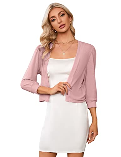 KOJOOIN Damen Bolero Festlich 3/4 Ärmel Chiffon Bolero Hochzeit Elegante Bolerojacke auf Kleider Dunkelrosa,L von KOJOOIN