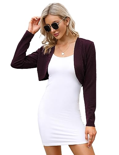 KOJOOIN Damen Bolero Festlich Pailletten Bolero Glitzer Strickjacke Elegant Kurz Cardigan Bolerojacke Langarm Open Front Shrug Cardigan Casual Top Rotwein L von KOJOOIN