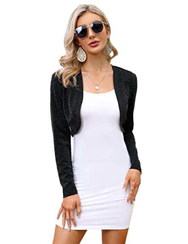 KOJOOIN Damen Bolero Festlich Pailletten Bolero Glitzer Strickjacke Elegant Kurz Cardigan Bolerojacke Langarm Open Front Shrug Cardigan Casual Top Schwaz-New M von KOJOOIN