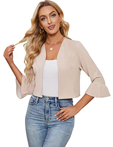 KOJOOIN Damen Bolero Jäckchen 3/4 Ärmel Rüschen Open Front Strickjacke Elegant festlich Shrug Cardigan Casual Top (Verpackung MEHRWEG), Aprikose, L von KOJOOIN