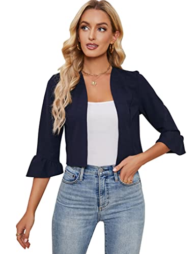 KOJOOIN Damen Bolero Jäckchen 3/4 Ärmel Rüschen Open Front Strickjacke Elegant festlich Shrug Cardigan Casual Top (Verpackung MEHRWEG), Dunkelblau, L von KOJOOIN