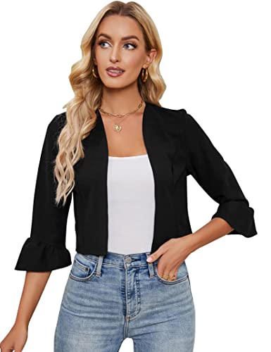 KOJOOIN Damen Bolero Jäckchen 3/4 Ärmel Rüschen Open Front Strickjacke Elegant festlich Shrug Cardigan Casual Top (Verpackung MEHRWEG), Schwarz, L von KOJOOIN