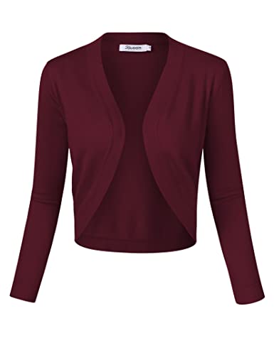 KOJOOIN Damen Bolero Kurze Strickjacke 3/4 Ärmel Cardigan V Ausschnitt Bolerojacke Schulterjacke Casual Top Burgundy L von KOJOOIN