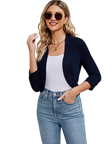 KOJOOIN Damen Bolero ELeganter Festlich Langarm 3/4 Ärmel Strickjacke Shrug Top(Verpackung MEHRWEG) Dunkelblau,L von KOJOOIN