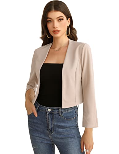 KOJOOIN Damen Bolero Langarm Strickjacke 3/4 Ärmel Open Front Elegant Bolerojacke Kurze Cardigan schrug Jacke Casual Top（Verpackung MEHRWEG） Beige,M von KOJOOIN