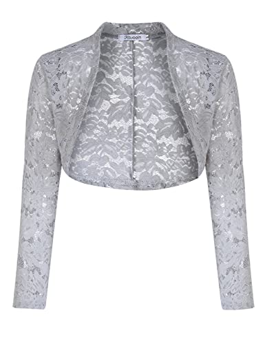 KOJOOIN Damen Bolero Spitzen Jacke Festlich Kurz Cardigan Langarm Strickjacke für Hochzeit Cocktailkleid Grau2 S von KOJOOIN