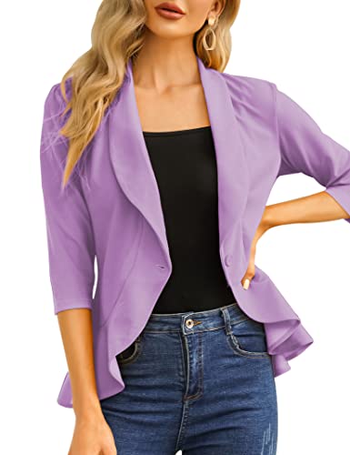 KOJOOIN Damen Casual Blazer 3/4 Ärmel vorne offen Rüschen Arbeit Büro Anzug Jacke, Violett, XL von KOJOOIN