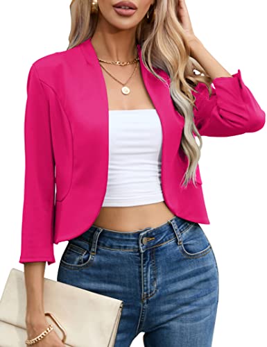 KOJOOIN Damen Casual Cropped Blazer 3/4 Ärmel Kragenlos Open Front Rüschen Arbeit Büro Cardigan Anzug Jacke Shrug, Rosered, L von KOJOOIN