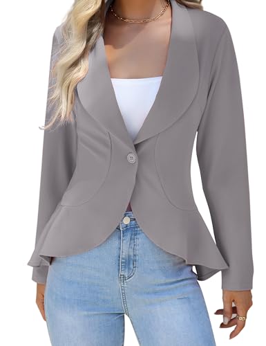 KOJOOIN Damen Casual Open Front Langarm-Blazer Cardigan - Lässiger Arbeits- und Büro-Anzugjacke Mit Rüschen - Grau L von KOJOOIN