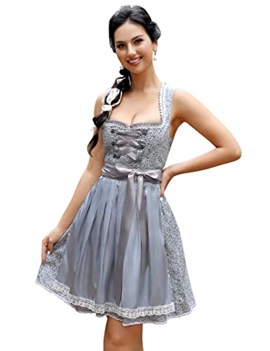 KOJOOIN Damen Dirndl 2tlg. Midi Trachtenkleid Bavarian Festlich Dirndlkleid mit Dirndlschürze für Oktoberfest Grau-blau(2tlg.) 34 von KOJOOIN