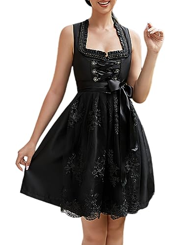 KOJOOIN Damen Dirndl 2tlg. Midi Trachtenkleid Kurz Dirndlkleid mit Dirndlschürze für Oktoberfest Schwarz A(High-End) 36 von KOJOOIN