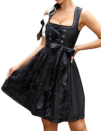 KOJOOIN Damen Dirndl 2tlg. Midi Trachtenkleid Kurz Dirndlkleid mit Dirndlschürze für Oktoberfest Schwarz B(High-End) 40 von KOJOOIN