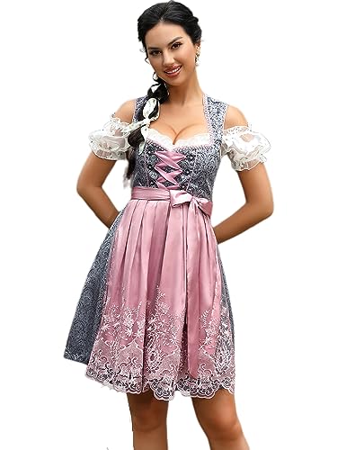 KOJOOIN Damen Dirndl 3tlg. Jacquard Trachtenkleid Kurz mit Dirndlschürze für Oktoberfest Grau-Jacquard(3tlg.) 38 von KOJOOIN