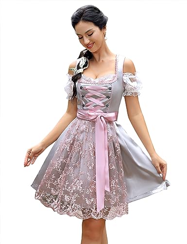 KOJOOIN Damen Dirndl 3tlg. Midi Kurz Trachtenkleid mit Drei Teilig:Dirndl kleid,Dirndlschürze,Dirndlbluse für Oktoberfest Grau(3tlg.) 34 von KOJOOIN