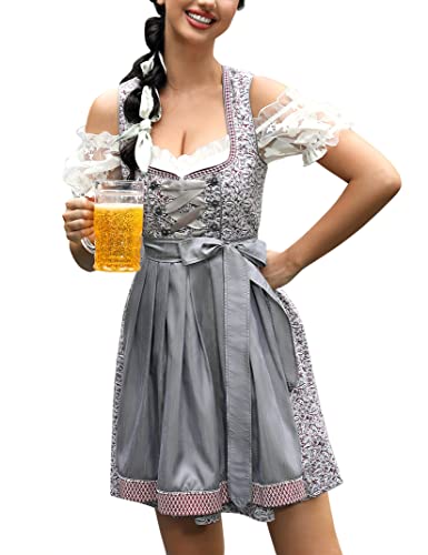 KOJOOIN Damen Dirndl Kurz Midi Trachtenkleid mit Drei Teilig:Dirndl kleid,Dirndlschürze,Dirndlbluse für Oktoberfest Cashew-Blüten(3tlg.) 46 von KOJOOIN