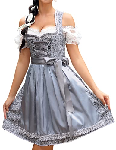 KOJOOIN Damen Dirndl Trachtenkleid Kurz Set 3tlg. für Oktoberfest inkl. Dirndl Kleid,Dirndlschürze,Dirndlbluse Grau-blau(3tlg.) 36 von KOJOOIN