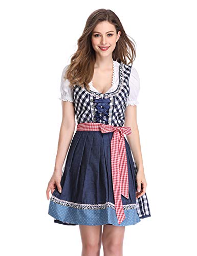 KOJOOIN Trachtenkleid Damen Dirndl Trachtenkleid Kurz mit Stickerei Exklusives Designer für Oktoberfest - DREI Teilig: Kleid, Bluse, Schürze Kariert- Blau 36 von KOJOOIN