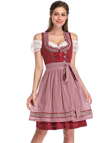 KOJOOIN Trachtenkleid Damen Dirndl Kurz mit Stickerei Exklusives Designer für Oktoberfest - DREI Teilig: Kleid, Bluse, Schürze Weinrot 40 von KOJOOIN