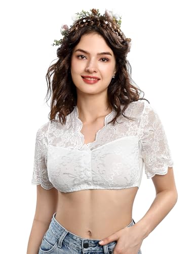 KOJOOIN Damen Dirndlbluse Spitze Trachten Dirndlbluse Weiß Elegante Trachtenbluse für Oktoberfest von KOJOOIN