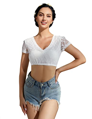 KOJOOIN Damen Dirndlbluse Weiß Trachtenbluse - Kurzarm Dirndl Bluse aus Spitze für Oktoberfest B-Spitze Dirndlbluse01 34 von KOJOOIN