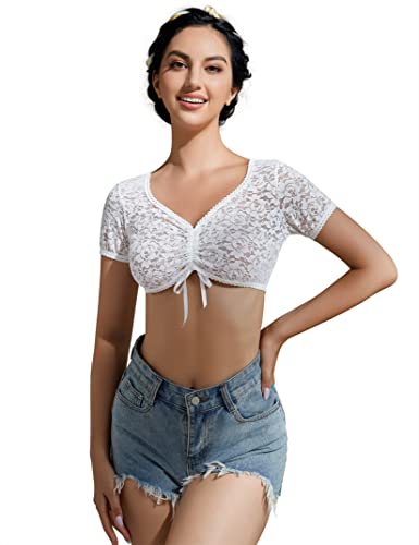KOJOOIN Damen Dirndlbluse Weiß Trachtenbluse - Kurzarm Dirndl Bluse aus Spitze für Oktoberfest D-Spitze Dirndlbluse01 42 von KOJOOIN