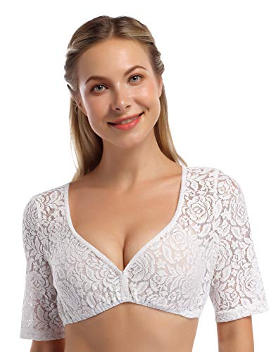 KOJOOIN Damen Dirndlbluse Weiß Trachtenbluse - Kurzarm Dirndl Bluse aus Spitze für Oktoberfest F-Spitze Dirndlbluse01 38 von KOJOOIN
