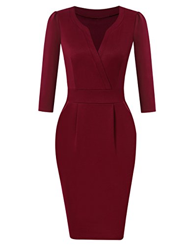 KOJOOIN Damen Elegant Etuikleider Knielang Langarm Business Kleider Rot Bordeaux Weinrot S von KOJOOIN