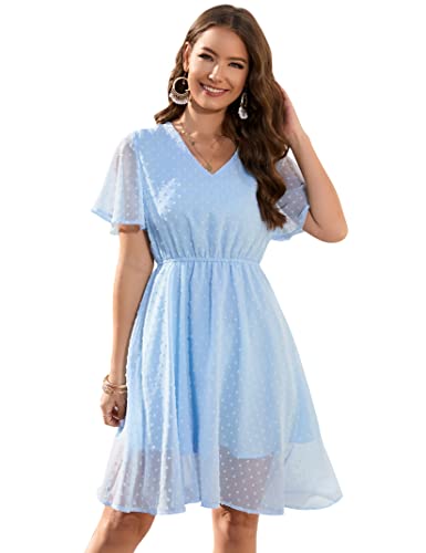 KOJOOIN Sommerkleid Damen Elegant Kleid Knielang Swiss Dot A-Linie Kurzarm V-Ausschnitt Strand Hochzeit Festlich Hellblau M von KOJOOIN