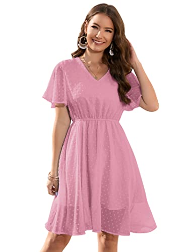 KOJOOIN Sommerkleid Damen Elegant Kleid Knielang Swiss Dot A-Linie Kurzarm V-Ausschnitt Strand Hochzeit Festlich Rosa L von KOJOOIN