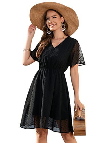 KOJOOIN Sommerkleid Damen Elegant Kleid Knielang Swiss Dot A-Linie Kurzarm V-Ausschnitt Strand Hochzeit Festlich Schwarz L von KOJOOIN