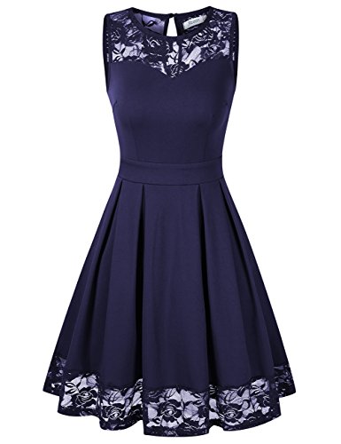 KOJOOIN Damen Elegant Kleider Spitzenkleid Ohne Arm Cocktailkleid Knielang Rockabilly Kleid Blau Dunkelblau S von KOJOOIN