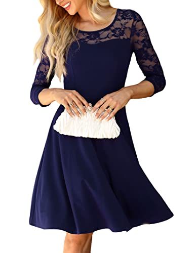 KOJOOIN Damen Elegant Spitzenkleid Cocktailkleid Brautjungfernkleider für Hochzeit Abendkleider Rundhals Knielang Rockabilly Kleid Dunkeblau Langarm XXL von KOJOOIN