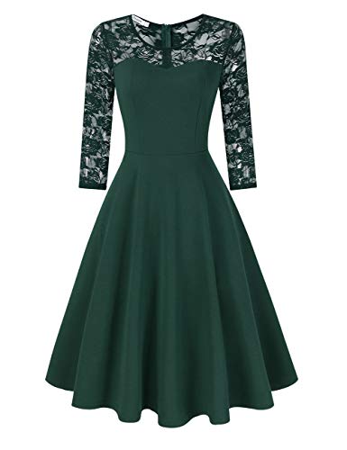 KOJOOIN Damen Elegant Spitzenkleid Cocktailkleid Brautjungfernkleider für Hochzeit Abendkleider Rundhals Knielang Rockabilly Kleid Dunkelgrün Langarm L von KOJOOIN