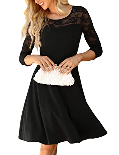 KOJOOIN Damen Elegant Spitzenkleid Cocktailkleid Brautjungfernkleider für Hochzeit Abendkleider Rundhals Knielang Rockabilly Kleid Schwarz Langarm L von KOJOOIN