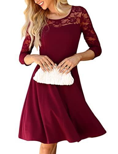 KOJOOIN Damen Elegant Spitzenkleid Cocktailkleid Brautjungfernkleider für Hochzeit Abendkleider Rundhals Knielang Rockabilly KleidWeinrot Langarm M von KOJOOIN