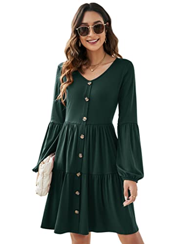 KOJOOIN Damen Elegant Tunika Kleid Boho Bohemian Kleid V-Ausschnitt Freizeitkleid mit Durchgehender Knopfleiste Strandkleider Dunkelgrün L von KOJOOIN