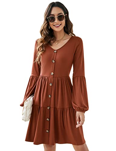 KOJOOIN Damen Elegant Tunika Kleid Boho Bohemian Kleid V-Ausschnitt Freizeitkleid mit Durchgehender Knopfleiste Strandkleider Karamell XXL von KOJOOIN