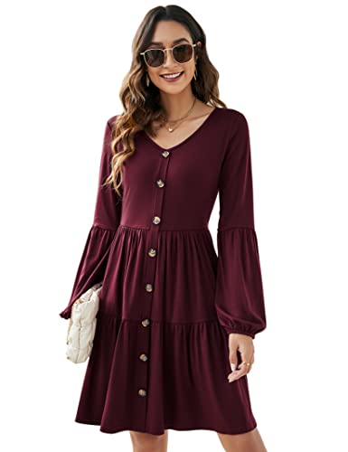 KOJOOIN Damen Elegant Tunika Kleid Boho Bohemian Kleid V-Ausschnitt Freizeitkleid mit Durchgehender Knopfleiste Strandkleider Weinrot L von KOJOOIN