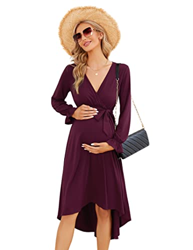 KOJOOIN Damen Elegant Umstandskleid Lange Stillkleid V-Ausschnitt Langarm Schwangerschaftskleid mit Gürtel Burgundy(Langarm) L von KOJOOIN