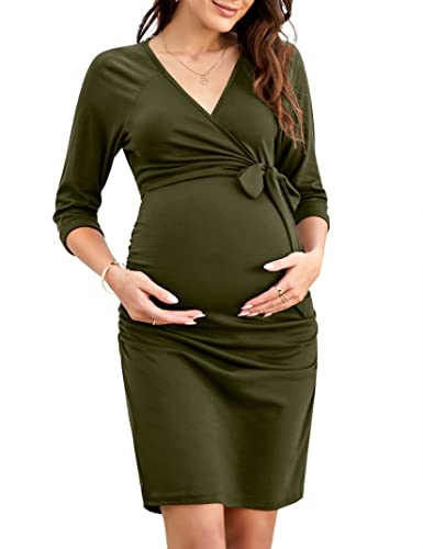 KOJOOIN Damen Elegant Umstandskleid V-Ausschnitt Schwangerschaftskleid Stillkleid mit Falten Etuikleid Armeegrün(3/4 Ärmel) XXL von KOJOOIN