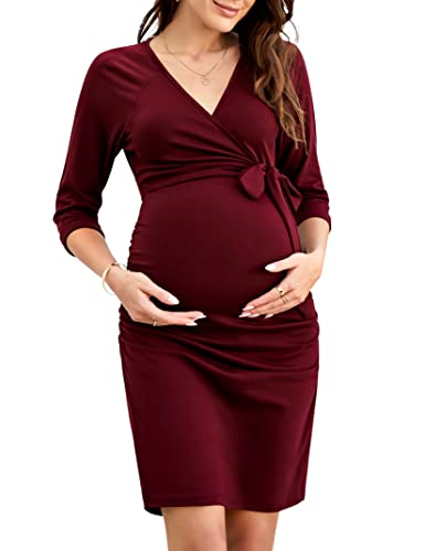 KOJOOIN Damen Elegant Umstandskleid V-Ausschnitt Schwangerschaftskleid Stillkleid mit Falten Etuikleid Weinrot(3/4 Ärmel) M von KOJOOIN