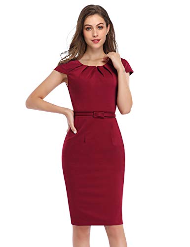 KOJOOIN Damen Etuikleid Business Bodycon Knielang Kleider Kurzarm festliches Cocktail Bleistiftkleid mit Gürtel Bordeaux Weinrot 2XL von KOJOOIN