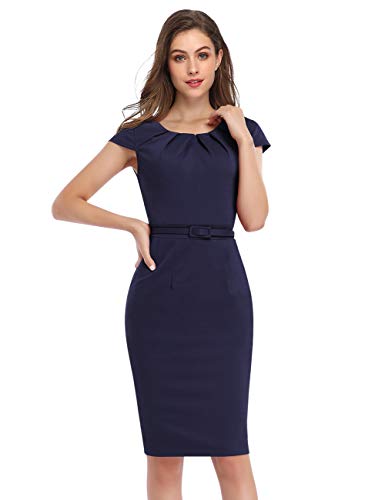 KOJOOIN Damen Etuikleid Business Bodycon Knielang Kleider Kurzarm festliches Cocktail Bleistiftkleid mit Gürtel Navy Dunkelblau S von KOJOOIN