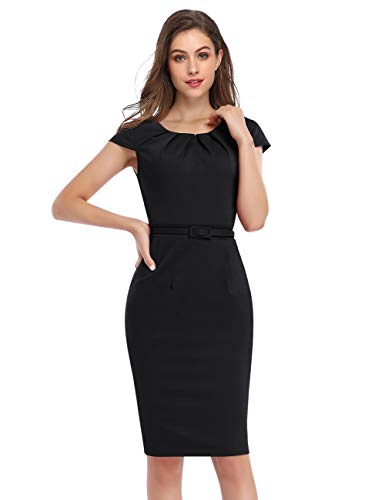 KOJOOIN Damen Etuikleid Business Bodycon Knielang Kleider Kurzarm festliches Cocktail Bleistiftkleid mit Gürtel Schwarz 2XL von KOJOOIN