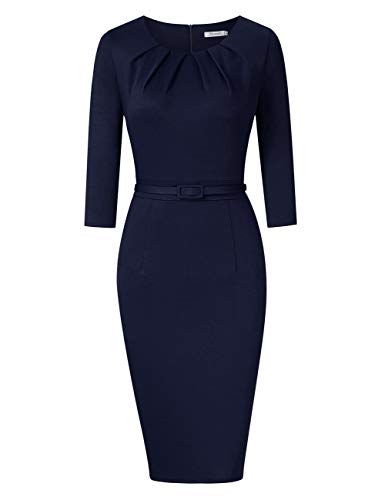KOJOOIN Damen Etuikleid Business Bodycon Knielang Kleider Langarm Vintage Cocktailkleid mit Gürtel Blau Dunkelblau XXL von KOJOOIN