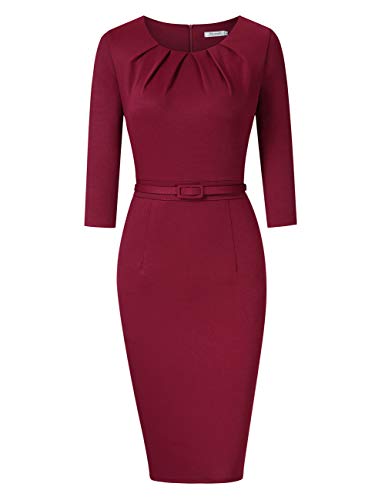 KOJOOIN Damen Etuikleid Business Bodycon Knielang Kleider Langarm Vintage Cocktailkleid mit Gürtel Bordeaux Weinrot XL von KOJOOIN